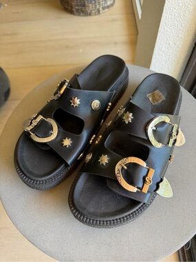 SHEIN Black Slide Sandals with Gold Buckles & Studs
